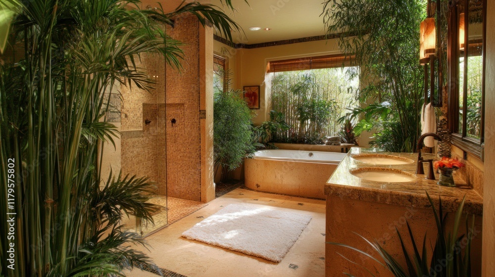 Fototapeta premium Luxurious bathroom with tropical plants, bathtub, and double vanity.