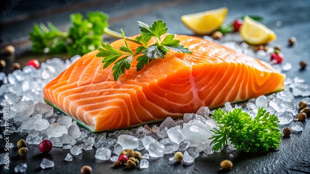 Fresh Atlantic Salmon Fillet on Ice, Ready to Eat - Close-Up Fresh Atlantic Salmon Fillet on Ice, Ready to Eat - Close-Up