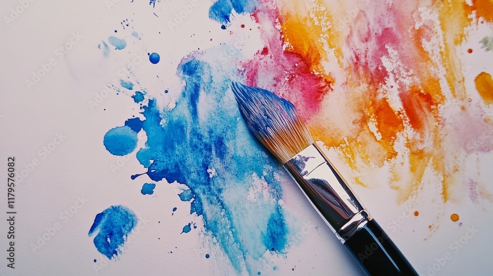 Obraz premium A watercolor paintbrush with a dipped tip, lying beside vibrant paint splashes on white,