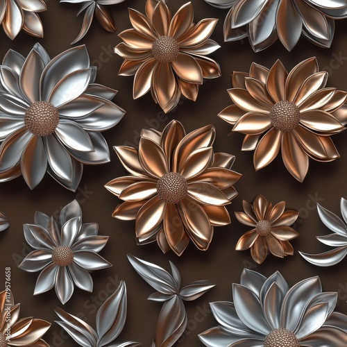 Seamless pattern of rose gold gazania and platinum petals on dark cocoa background with metallic ray-like flowers, luxurious sunburst interior design photo