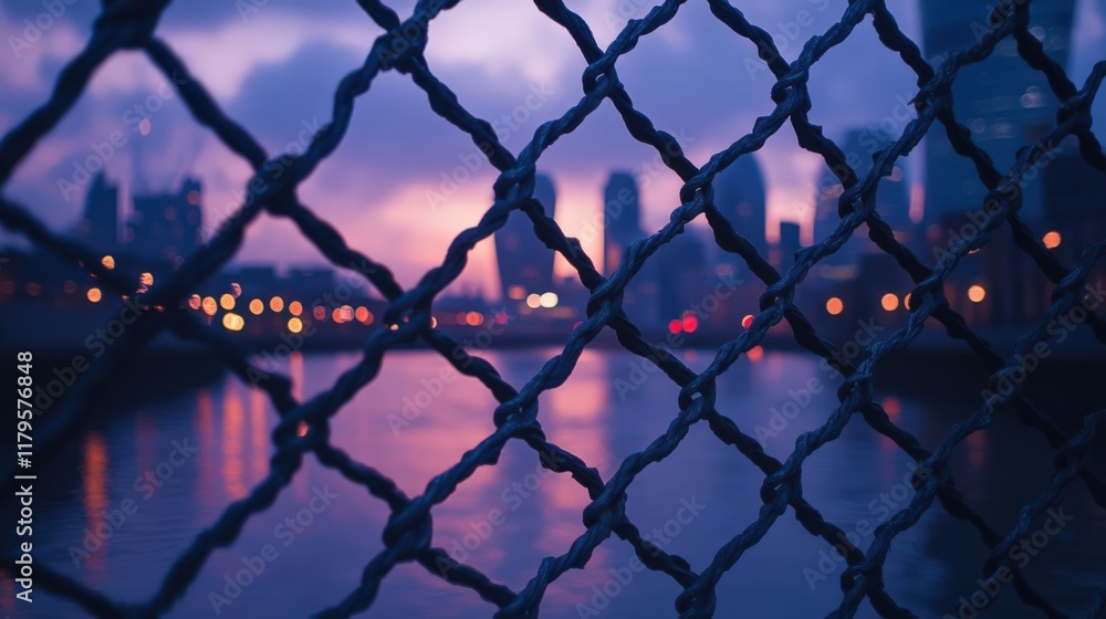 City skyline through a fence at sunset, with colorful lights reflecting on the water below. A vibrant urban scene in twilight. City skyline through a fence at sunset, with colorful lights reflecting on the water below. A vibrant urban scene in twilight.