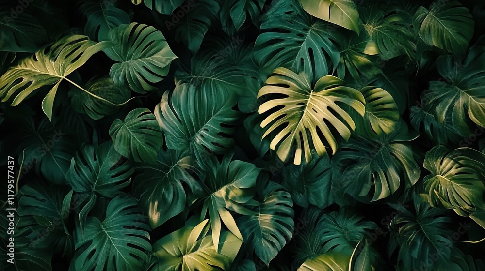 A background of dark green monstera leaves, hyper-realistic, high-resolution digital art with a flat design aesthetic and a focus on natural elements. A background of dark green monstera leaves, hyper-realistic, high-resolution digital art with a flat design aesthetic and a focus on natural elements.