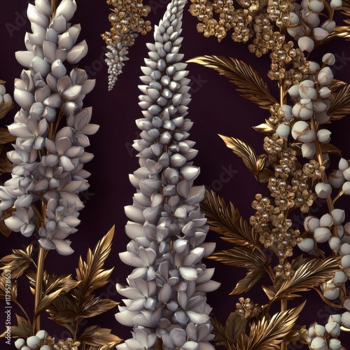 Silver lupins and golden spikes on deep plum background with metallic flower columns, enchanted garden decor and architectural design element photo