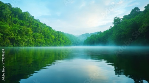 Tranquil Morning Reflection Over Serene Water Surrounded by Lush Green Forest and Misty Hills in a Peaceful Nature Landscape