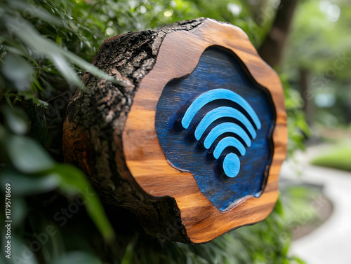 WiFi Symbol on Wood: Blending Modern Connectivity with Natural Elements photo