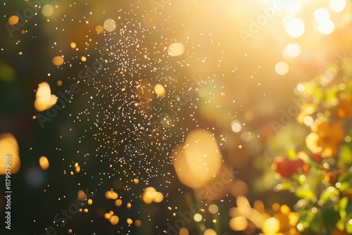 Floating flower pollen in golden sunlight over a vibrant meadow
