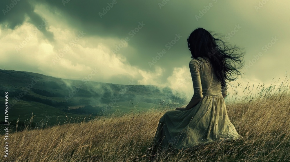 Solitude: A Woman Contemplates Life's Mysteries Amidst a Misty Mountain Landscape Solitude: A Woman Contemplates Life's Mysteries Amidst a Misty Mountain Landscape
