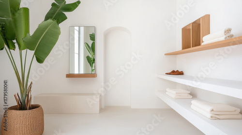 Shoe cleaning shop concept. Minimalist interior with plant, mirror, and neatly arranged towels