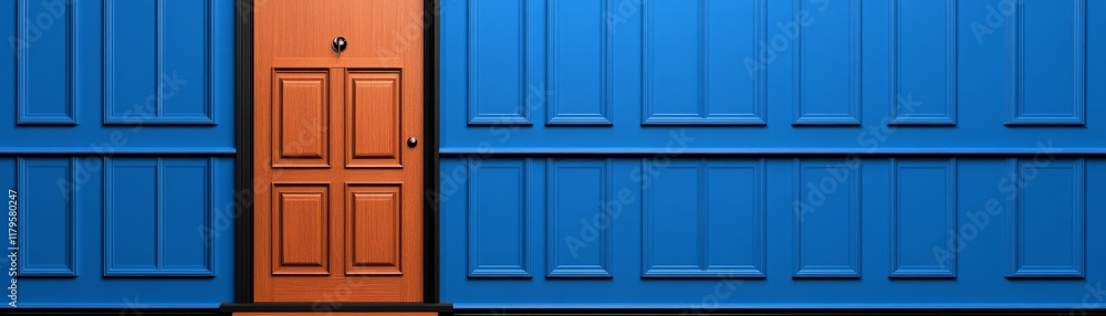 Orange Door, Blue Walls: A single orange door stands out against a backdrop of vibrant blue walls, creating a striking visual contrast.  The image evokes feelings of choice, opportunity.