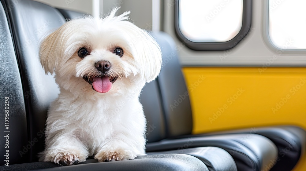 A joyful Shih Tzu shows its playful side while sitting on a leather chair in a vibrant, sunny bus, enjoying the moment A joyful Shih Tzu shows its playful side while sitting on a leather chair in a vibrant, sunny bus, enjoying the moment
