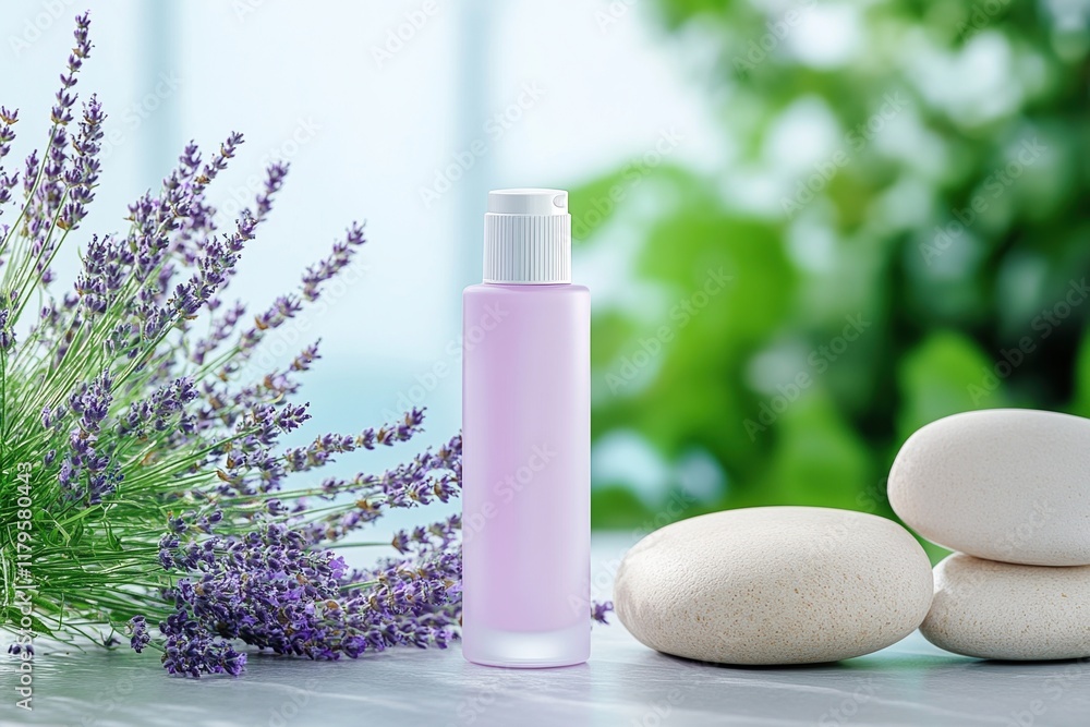 Lavender Serenity: A tranquil spa scene featuring a bottle of lavender-infused lotion, alongside a bouquet of fresh lavender and smooth, calming stones. Lavender Serenity: A tranquil spa scene featuring a bottle of lavender-infused lotion, alongside a bouquet of fresh lavender and smooth, calming stones.