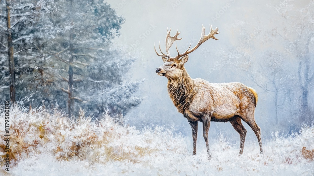 Obraz premium Majestic stag in snowy winter forest.