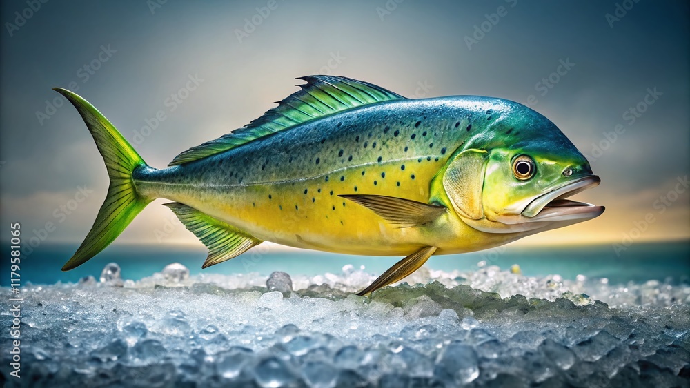 Fototapeta premium Fresh Mahi Mahi Fish on Ice, Ready for Cooking - High-Resolution Stock Photo