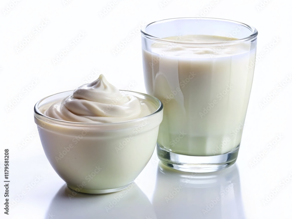 Fresh Milk and Yogurt in Glass, Isolated White Background, Clipping Path Fresh Milk and Yogurt in Glass, Isolated White Background, Clipping Path