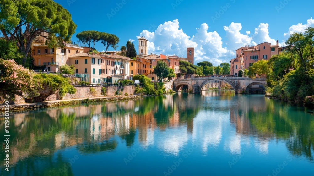 Picturesque Italian River Scene with Bridge and Colorful Buildings Picturesque Italian River Scene with Bridge and Colorful Buildings