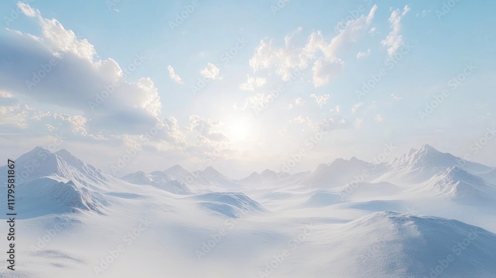A panoramic view of a vast snowy landscape, with rolling hills and soft clouds in the sky. A panoramic view of a vast snowy landscape, with rolling hills and soft clouds in the sky.