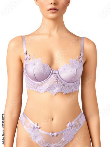 soft, pastel lavender lace bra designed with semi-transparent tulle and floral embroidery. The cups feature a balconette design, supported by photo