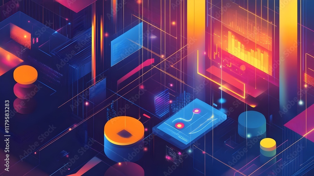 Fototapeta premium Data Visualization and Business Analysis.futuristic setting analyzing data visualizations and graphs with vibrant colors and abstract shapes.intersection of technology, analytics and futuristic design