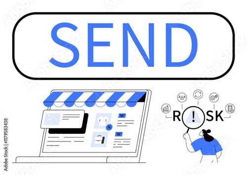 Digital storefront on a laptop, magnifying glass analyzing risks, and SEND action button. Ideal for tech, e-commerce, cybersecurity, communication, decision-making, risk management abstract line