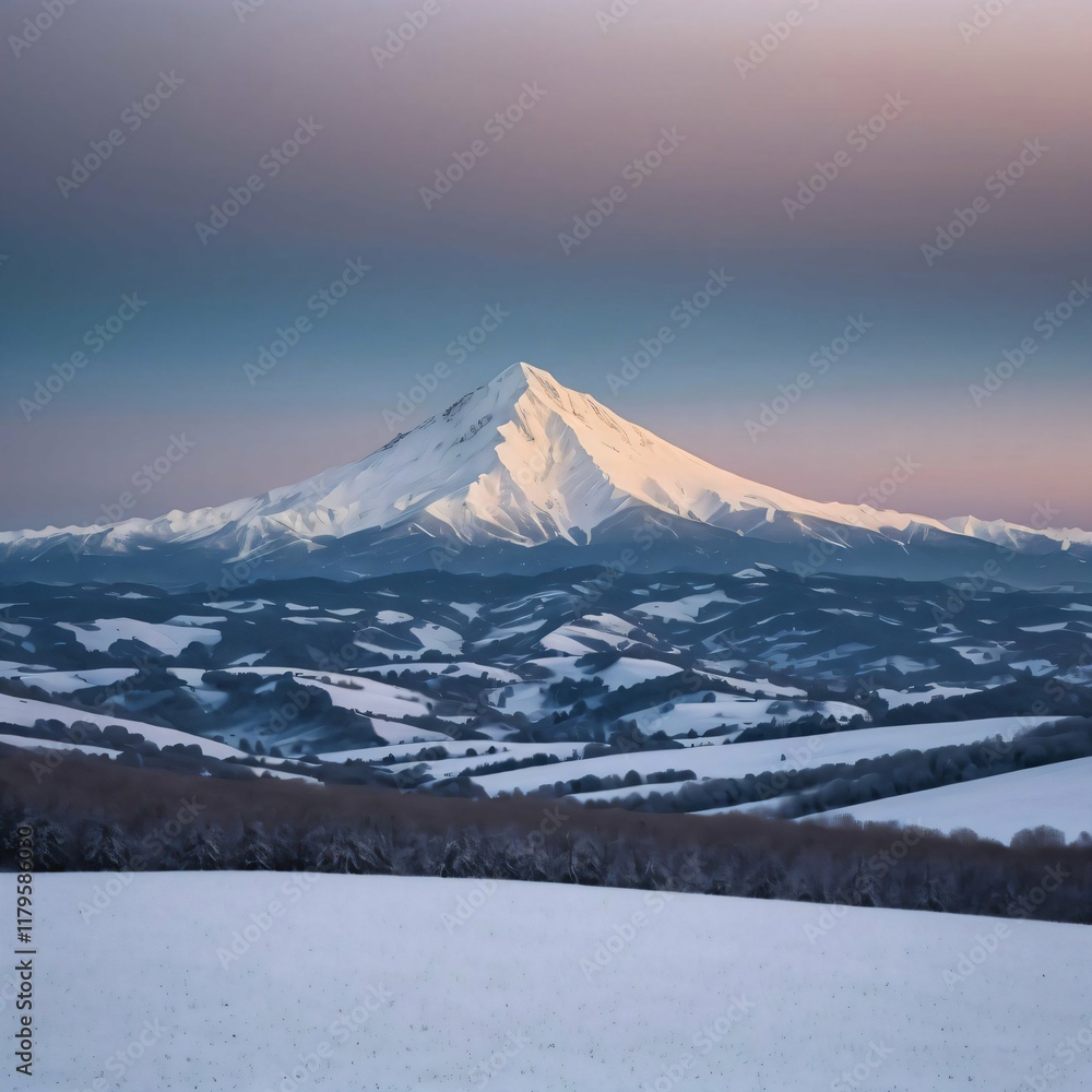 Snow-Covered Fields and Mountains at Dawn Snow-Covered Fields and Mountains at Dawn