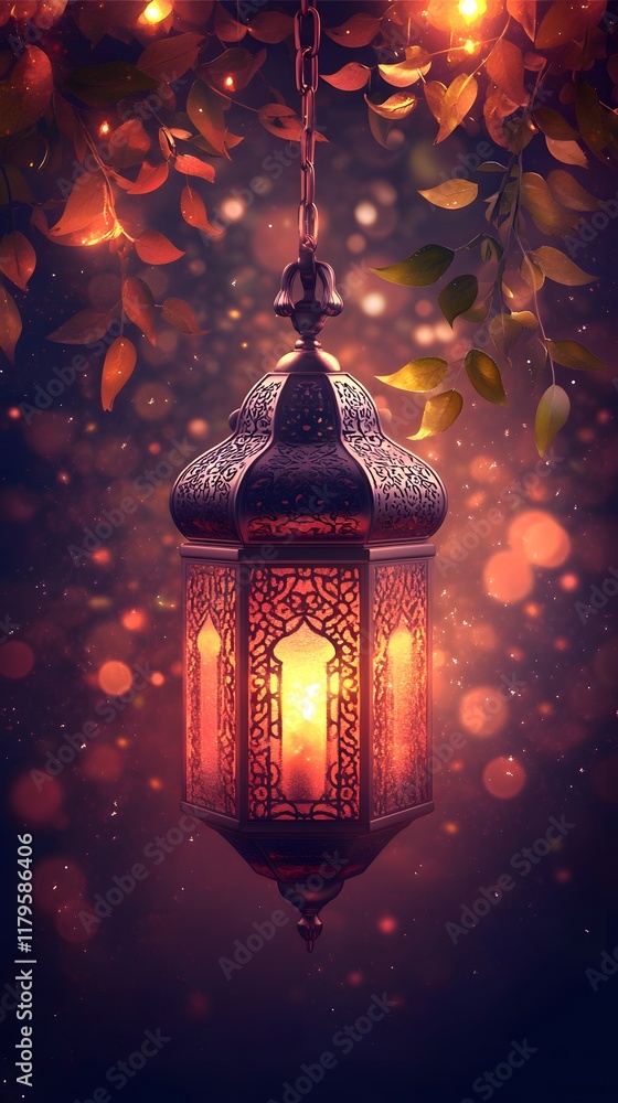 Ramadan themed greeting poster design. Lanterns for Eid al-Fitr and Ramadan Kareem with soft light and leaves background, with space for text Ramadan themed greeting poster design. Lanterns for Eid al-Fitr and Ramadan Kareem with soft light and leaves background, with space for text