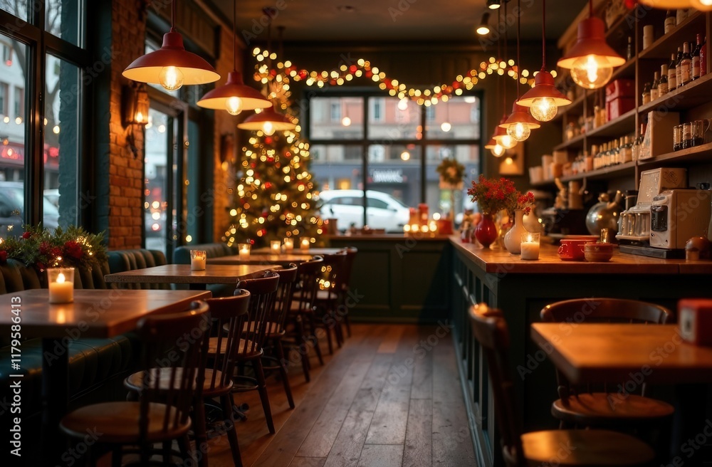 A restaurant is decorated for Christmas with tables, stools, and a tree A restaurant is decorated for Christmas with tables, stools, and a tree