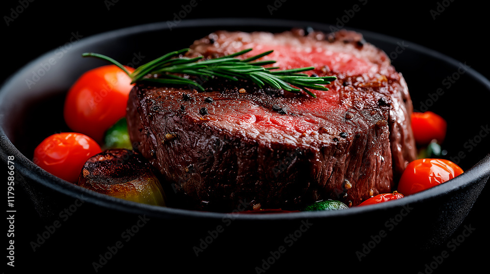 Close up of sliced roasted medium rare barbecue steak with rosemary, roasted garlic, pepper, aromat and delisious meat on table Close up of sliced roasted medium rare barbecue steak with rosemary, roasted garlic, pepper, aromat and delisious meat on table