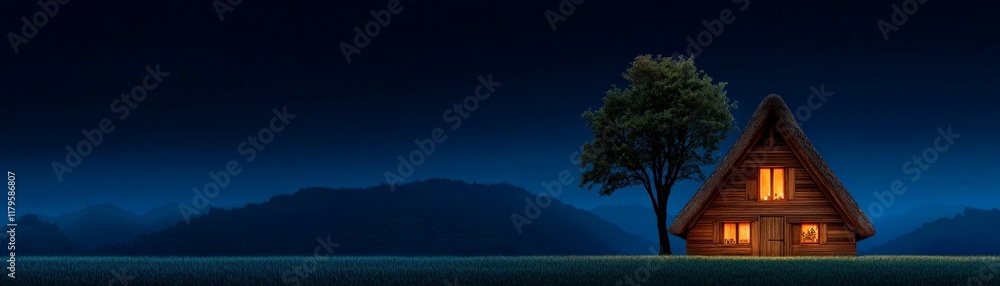 Nightfall Serenity: A solitary cabin bathed in warm light stands sentinel against the backdrop of a star-strewn sky, a lone tree silhouetted against the luminous windows. Nightfall Serenity: A solitary cabin bathed in warm light stands sentinel against the backdrop of a star-strewn sky, a lone tree silhouetted against the luminous windows.