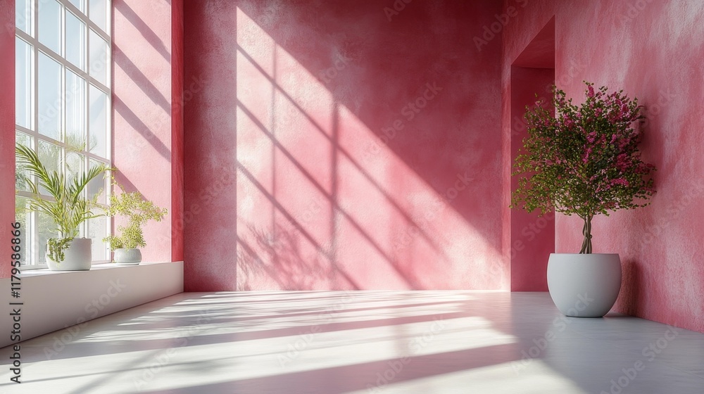 Fototapeta premium Coral Pink Wall Interior with Natural Light. Generative AI