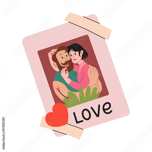 Family photo on tape. Picture of couple in love with heart sticker. Romantic Valentine's Day memorable gift. Feelings and relationships. February 14 celebration card. Vector flat illustration.