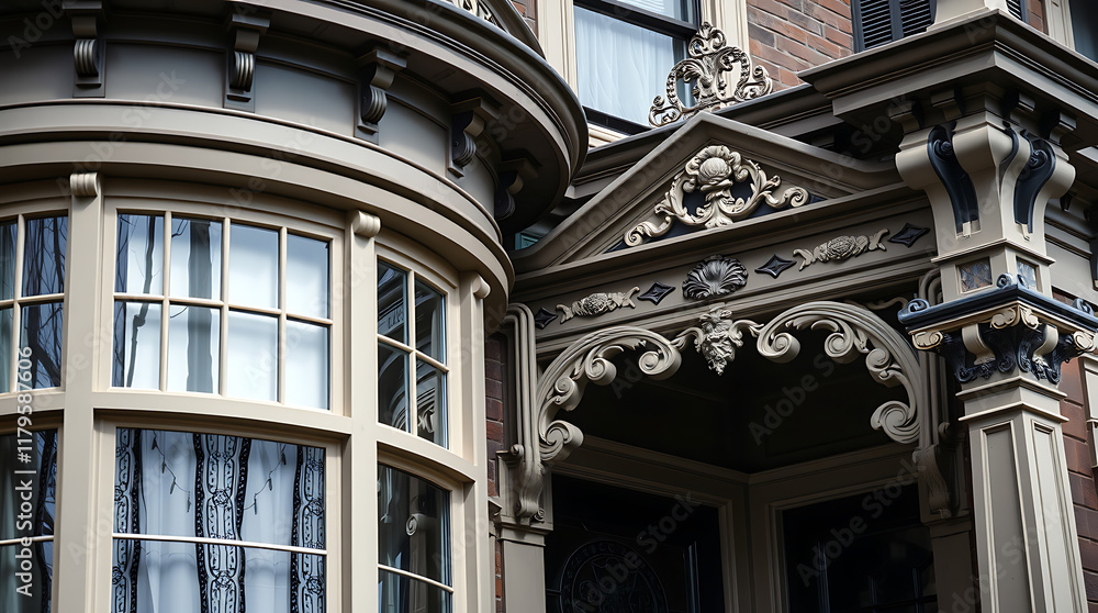 Fototapeta premium Architectural Details of a Building Facade with Bay Window and Ornate Entrance