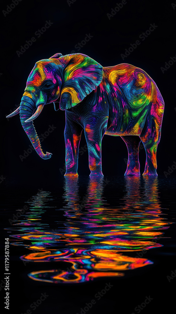 Obraz premium Elephant in Vibrant Colors Reflecting on Tranquil Water During a Mystical Nighttime Landscape