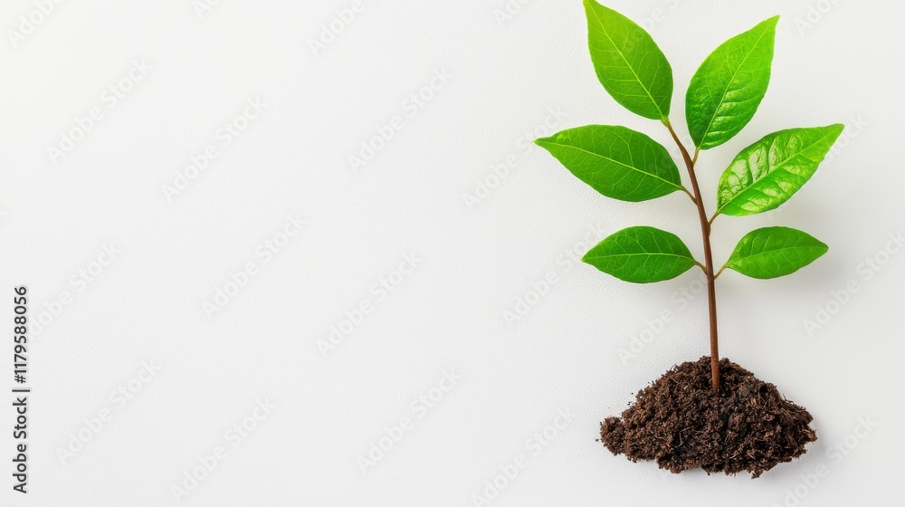 Fresh Green Plant Sprouting from Soil on White Background Fresh Green Plant Sprouting from Soil on White Background