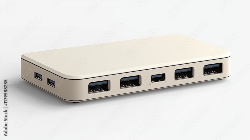 Beige USB hub charging multiple devices on white background. Beige USB hub charging multiple devices on white background.