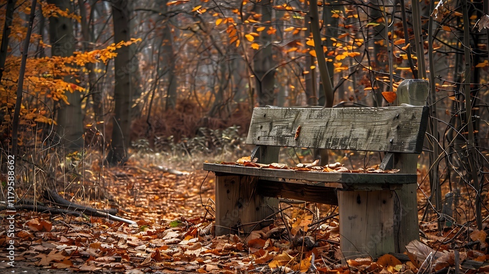 An old wooden seat in a woodland in the fall An old wooden seat in a woodland in the fall