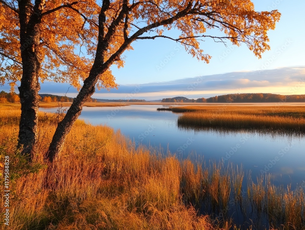 Fototapeta premium Serene Autumn Lake at Sunrise