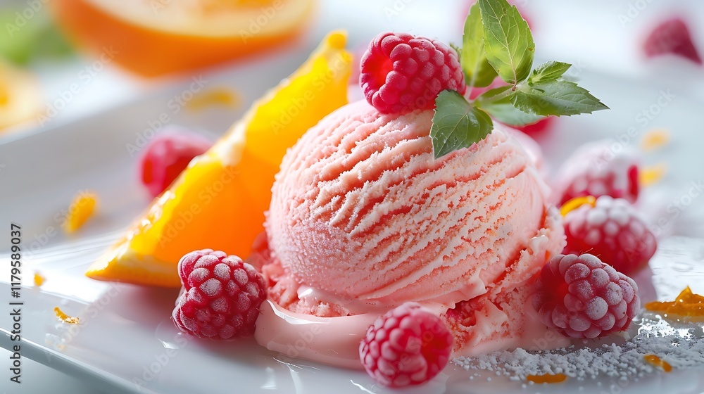 An orange and pink ice cream scoop topped with raspberries An orange and pink ice cream scoop topped with raspberries