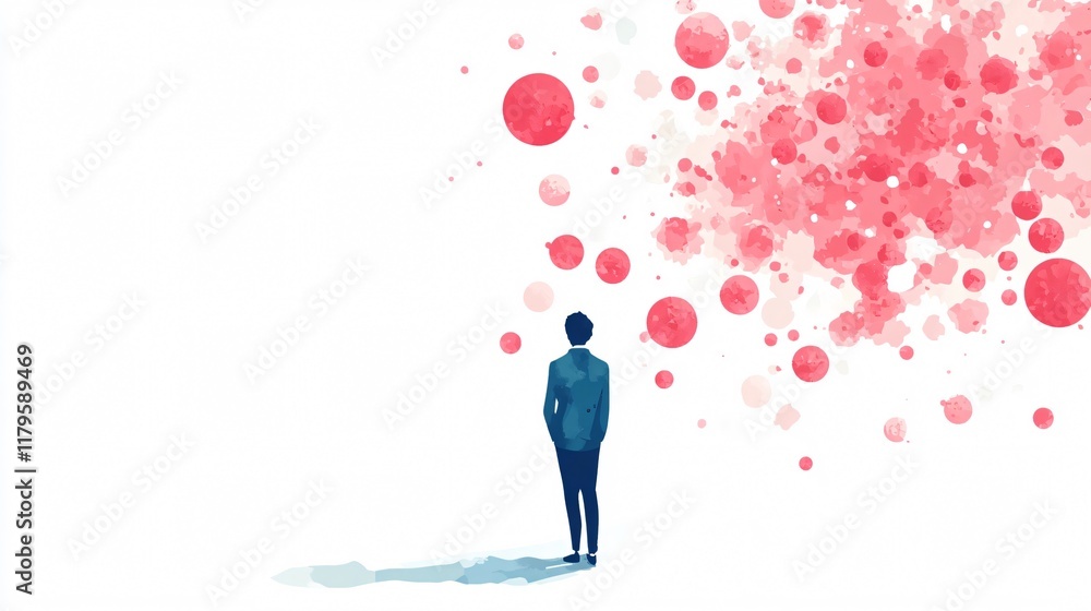 Abstract Watercolor Art: Businessman Contemplating Pink Dreamscape