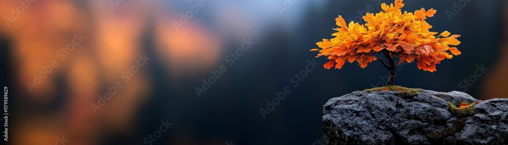 Resilience: A lone, vibrant tree stands tall on a rocky outcrop, its fiery orange leaves blazing against a hazy, forest backdrop. A symbol of strength and perseverance in the face of adversity. Resilience: A lone, vibrant tree stands tall on a rocky outcrop, its fiery orange leaves blazing against a hazy, forest backdrop. A symbol of strength and perseverance in the face of adversity.