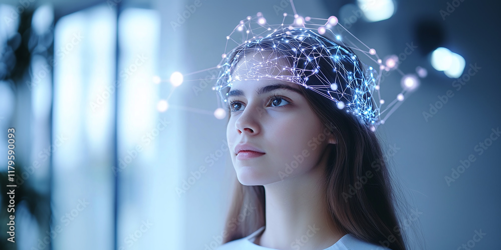 Young woman meditating while wearing a futuristic neural headset with glowing digital visuals, representing advanced technology and mental wellness. Young woman meditating while wearing a futuristic neural headset with glowing digital visuals, representing advanced technology and mental wellness.