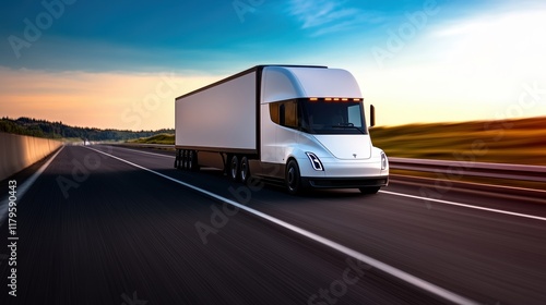 Vibrant Sunset Illuminating Open Highway with Truck in Motion Surrounded by Lush Landscape Creating a Peaceful Journey Scene photo