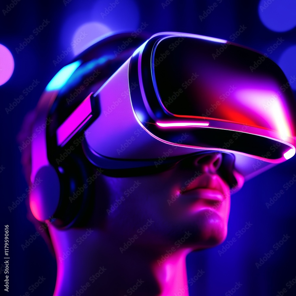 Person Immersed in Virtual Reality with Neon Lighting Person Immersed in Virtual Reality with Neon Lighting