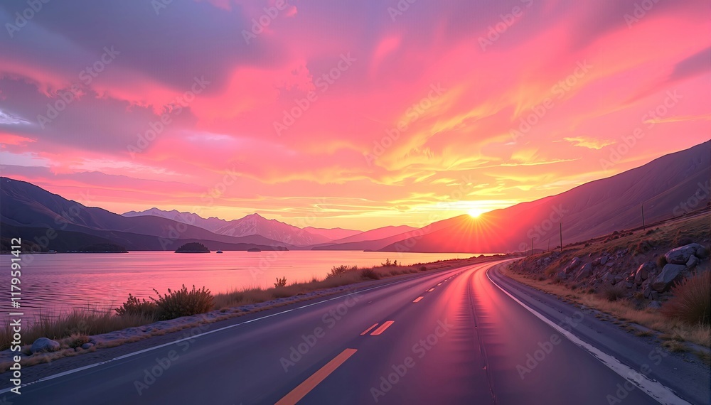 Fototapeta premium a path beside the lake at sunset, for Creative Graphic Design for Inspiring Poster and Wallpaper Designs