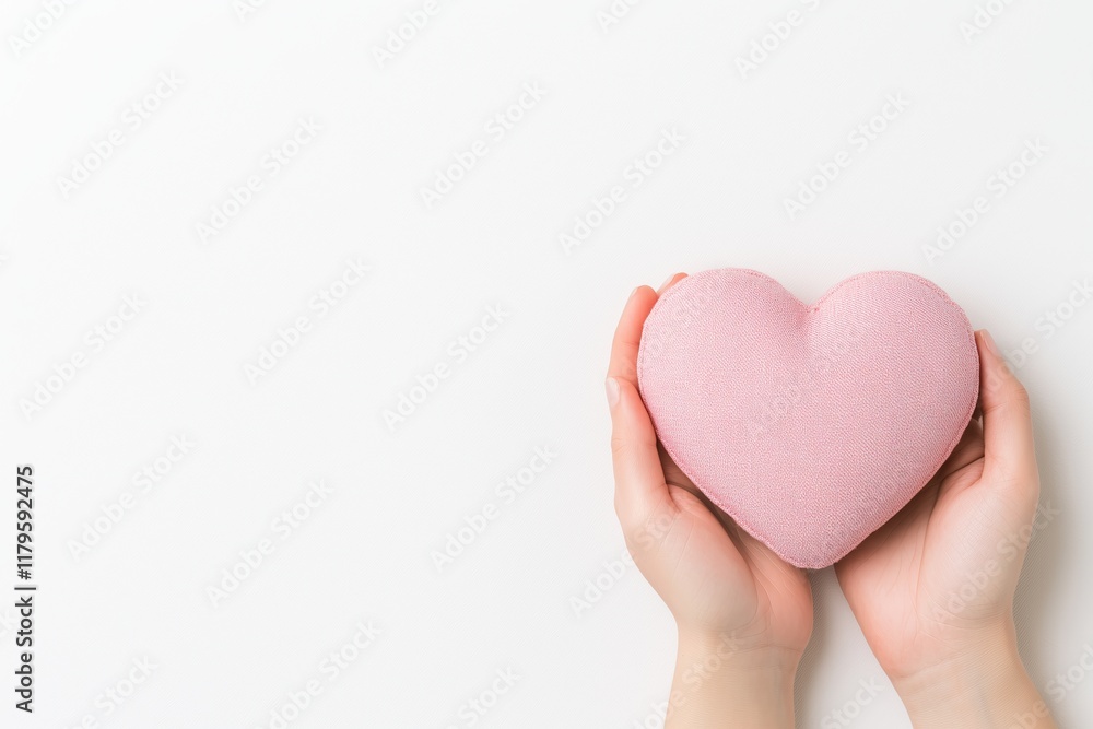 A pair of human hands gently cradling a pink heart-shaped fabric ornament against a minimalist white background. A pair of human hands gently cradling a pink heart-shaped fabric ornament against a minimalist white background.