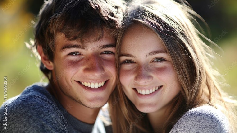 Obraz premium Happy young couple smiling closely outdoors on a sunny day with natural green background and ample copyspace for text use.