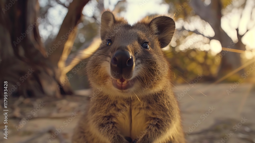 Naklejka premium At dusk a cute happy quokka is posing for shows with the camera