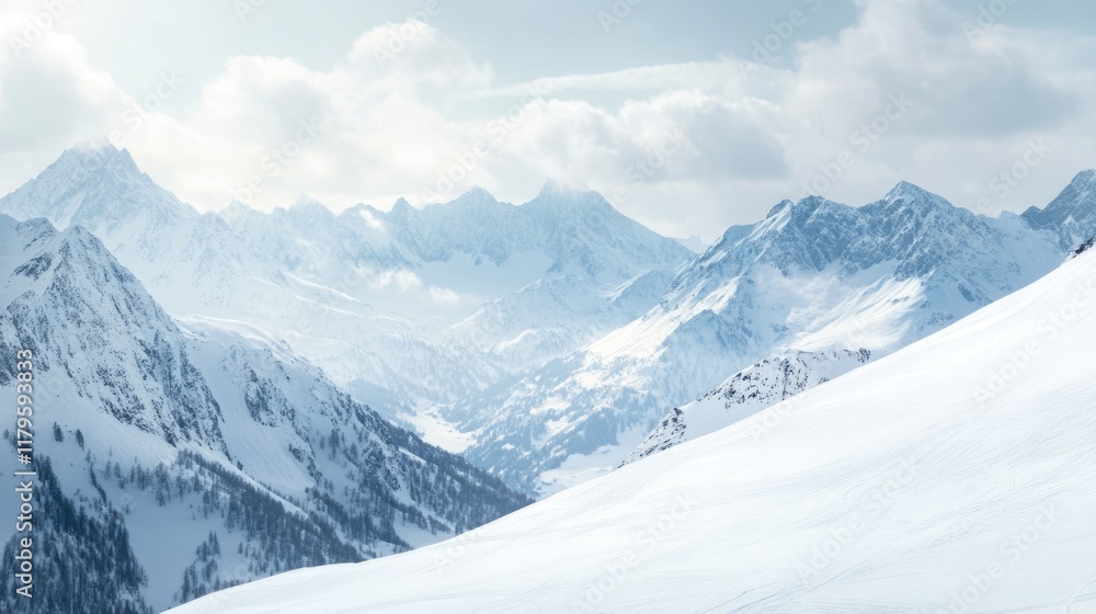 Fototapeta premium Young couple skiing in the snowy mountains of Salzburg Austria with vast white landscape and distant peaks under a cloudy sky for text placement