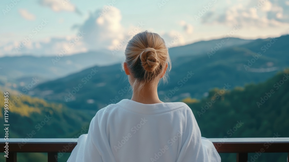 Fototapeta premium Relaxing young woman in a white robe standing on a balcony overlooking lush green mountains under a blue sky with fluffy white clouds and soft sunlight