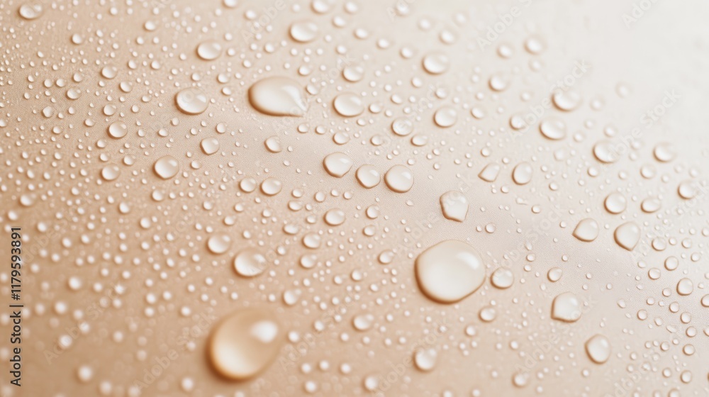 Numerous water droplets rest on a beige surface, creating a captivating close up view of texture and light interplay, showcasing a pattern of varying droplet sizes and shapes reflecting light Numerous water droplets rest on a beige surface, creating a captivating close up view of texture and light interplay, showcasing a pattern of varying droplet sizes and shapes reflecting light