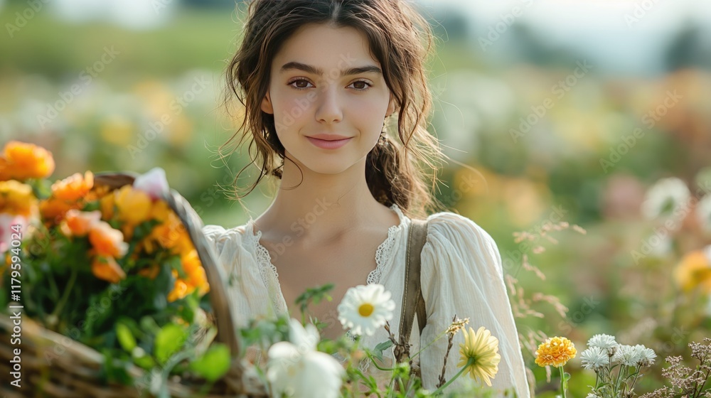 Naklejka premium Portrait of a woman holding a basket of freshly picked flowers in a blooming garden 